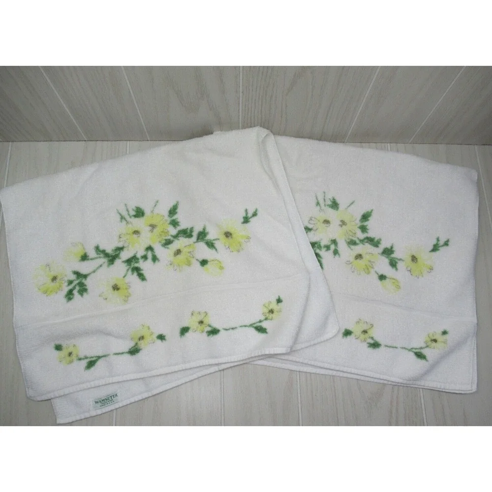 Wamsutta made USA two vintage hand towels yellow flowers floral green leaves